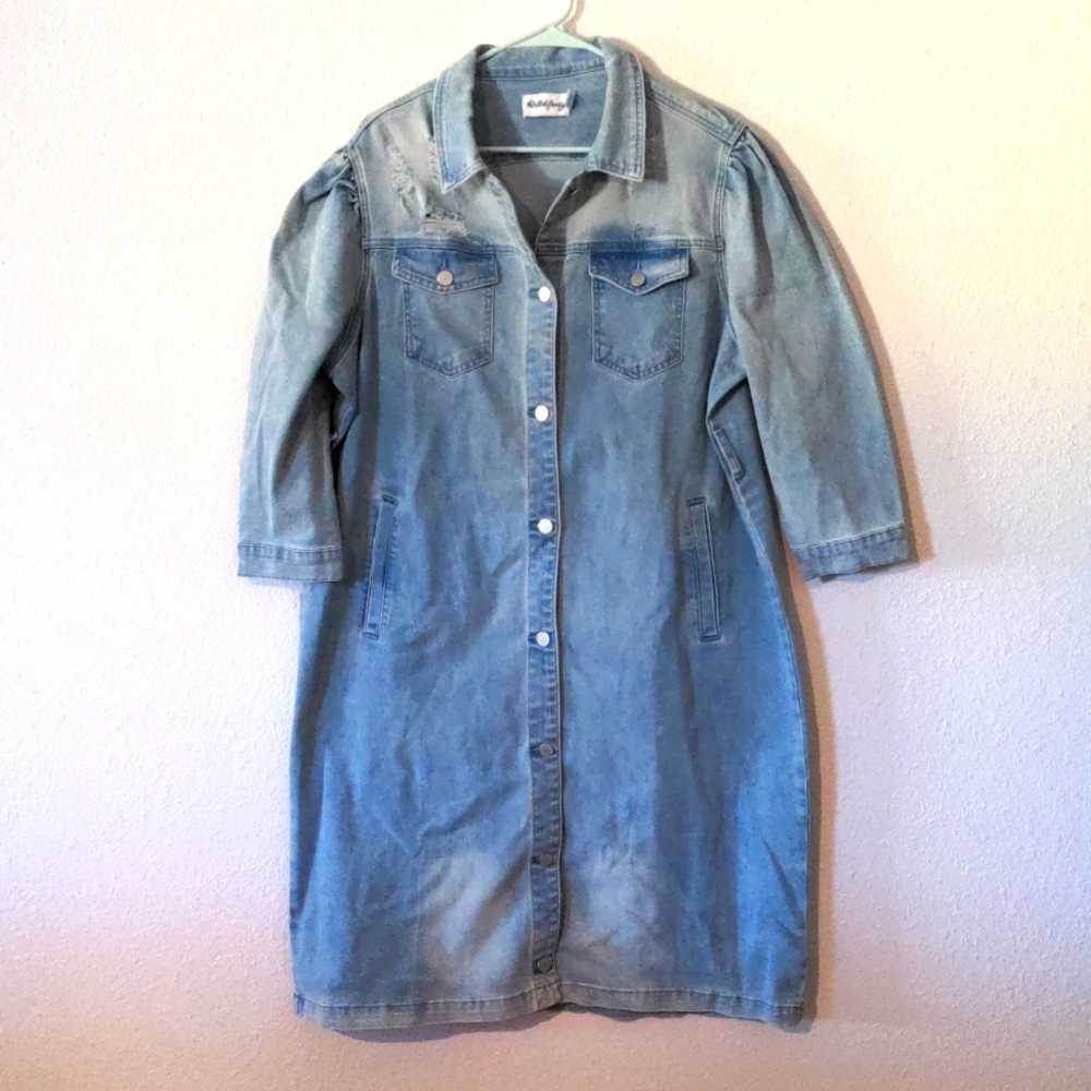 Skirted Fancy Distressed Light Wash Denim Button Down Jacket Dress, L